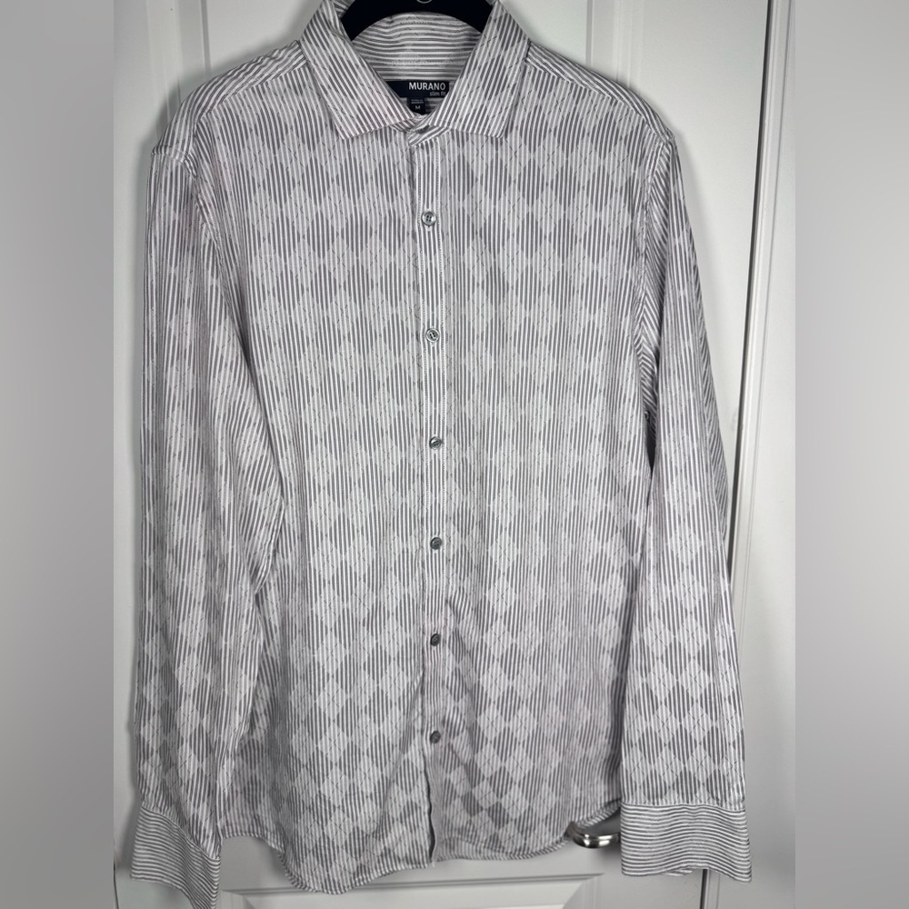 Murano Mens Shirt M Slim Fit Textured Stripe Diamond Cotton Quiet Luxury Work
